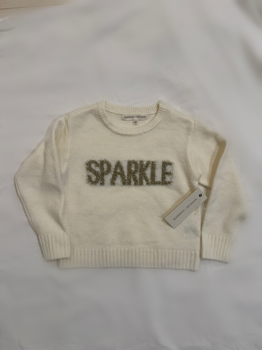 Madison + Hudson NWT “Sparkle” Knit Sweater Size 5/6 Ivory Metallic Graphic